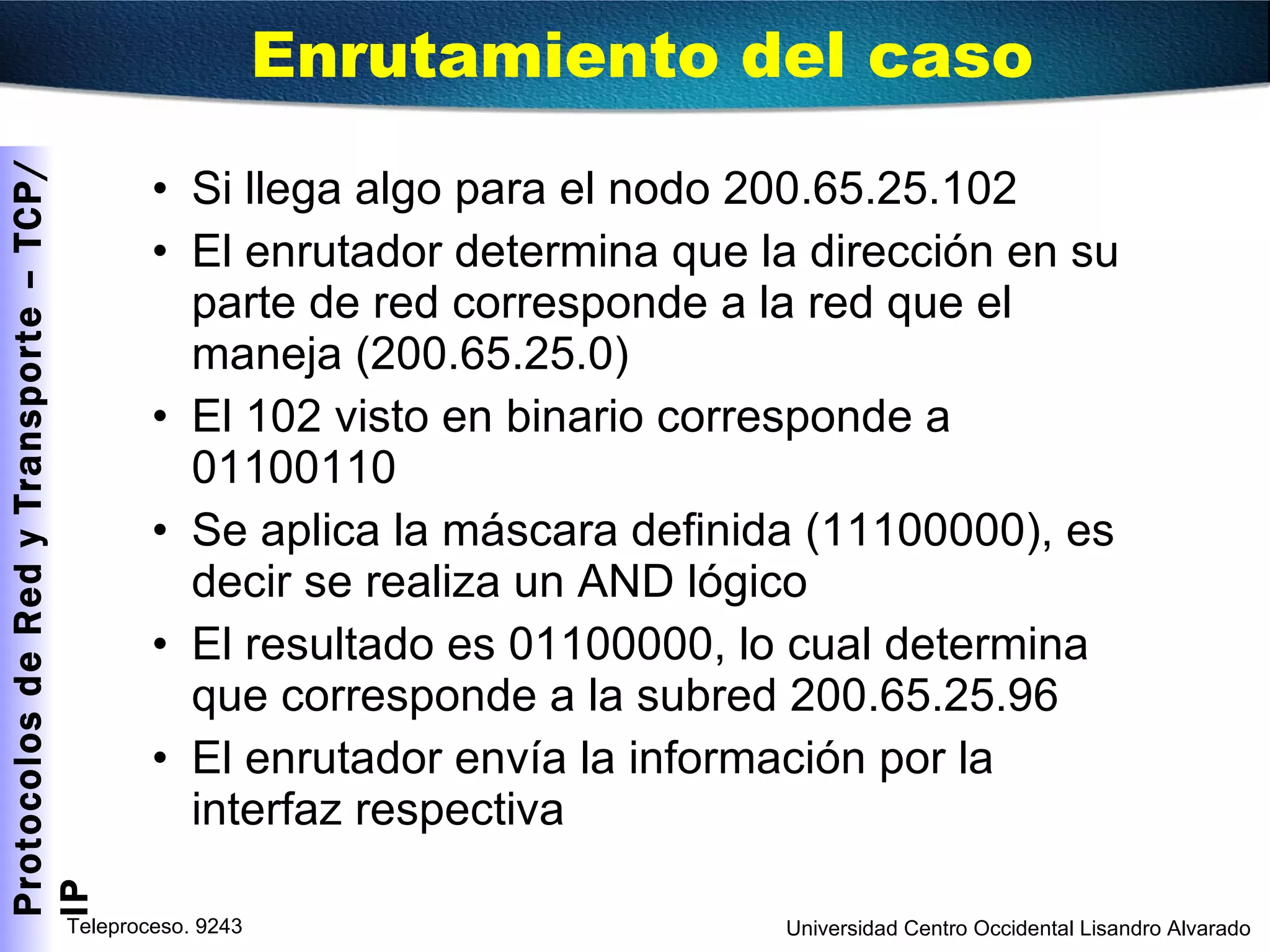 Enrutamiento del caso Si llega algo para el nodo 200.65.25.102 El enrutador determina que la dirección en su parte de red corresponde a la red que el maneja (200.65.25.0) El 102 visto en binario corresponde a 01100110 Se aplica la máscara definida (11100000), es decir se realiza un AND lógico El resultado es 01100000, lo cual determina que corresponde a la subred 200.65.25.96 El enrutador envía la información por la interfaz respectiva 