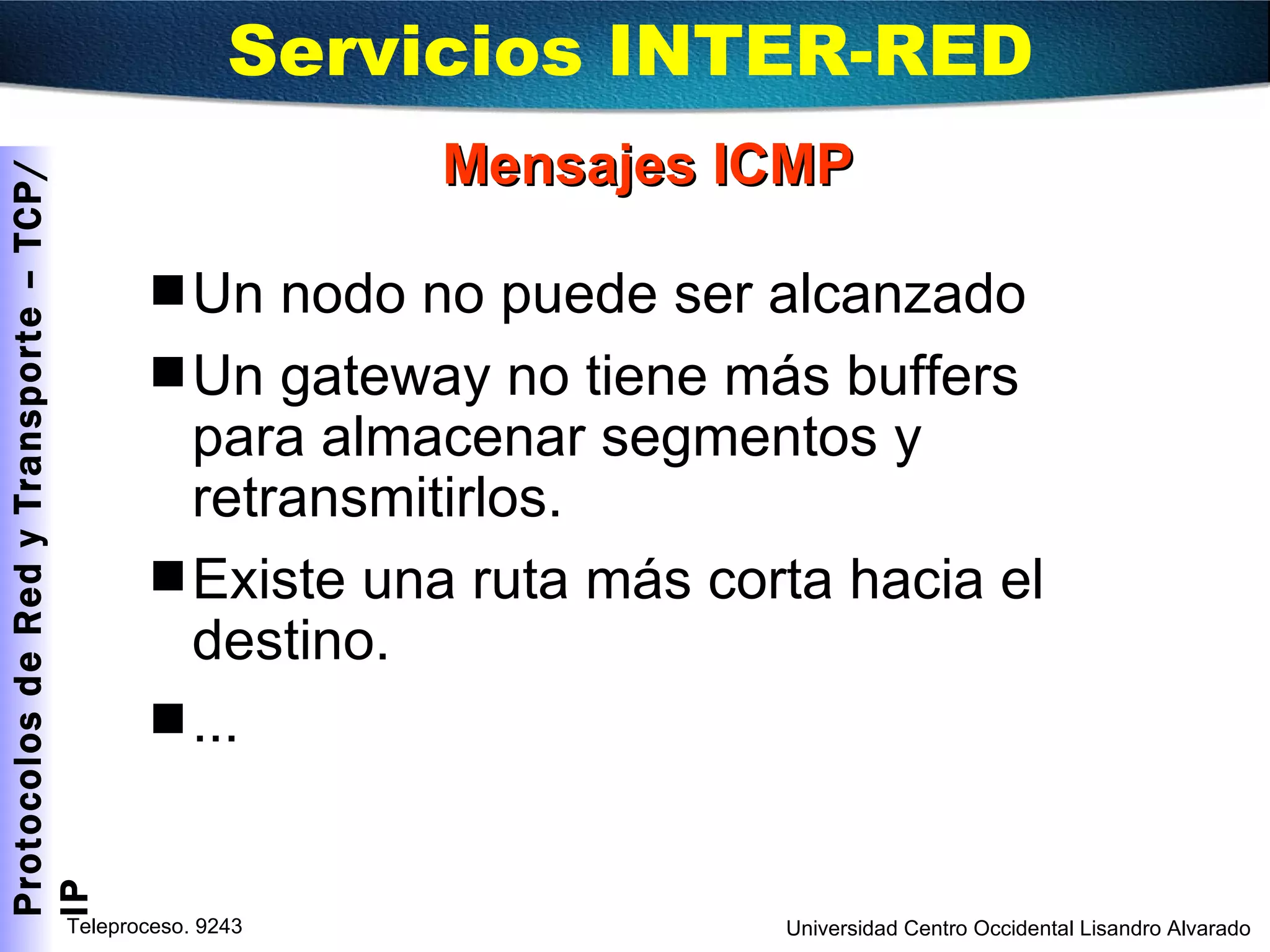 Mensajes ICMP Un nodo no puede ser alcanzado Un gateway no tiene más buffers para almacenar segmentos y retransmitirlos. Existe una ruta más corta hacia el destino. ... Servicios INTER-RED  