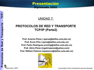 UNIDAD  7 : PROTOCOLOS DE RED Y TRANSPORTE TCP/IP (Parte2) Prof. Arsenio Pérez ( aperez@delfos.ucla.edu.ve) Prof. Euvis Piña ( epina@delfos.ucla.edu.ve) Prof. Pedro Rodriguez prodrig@delfos.ucla.edu.ve) Prof. Alirio Pérez (ingalirioperez@yahoo.com) Prof. William Polanco (wpolanco@delfos.ucla.edu.ve) Presentación Diplomado 2002 