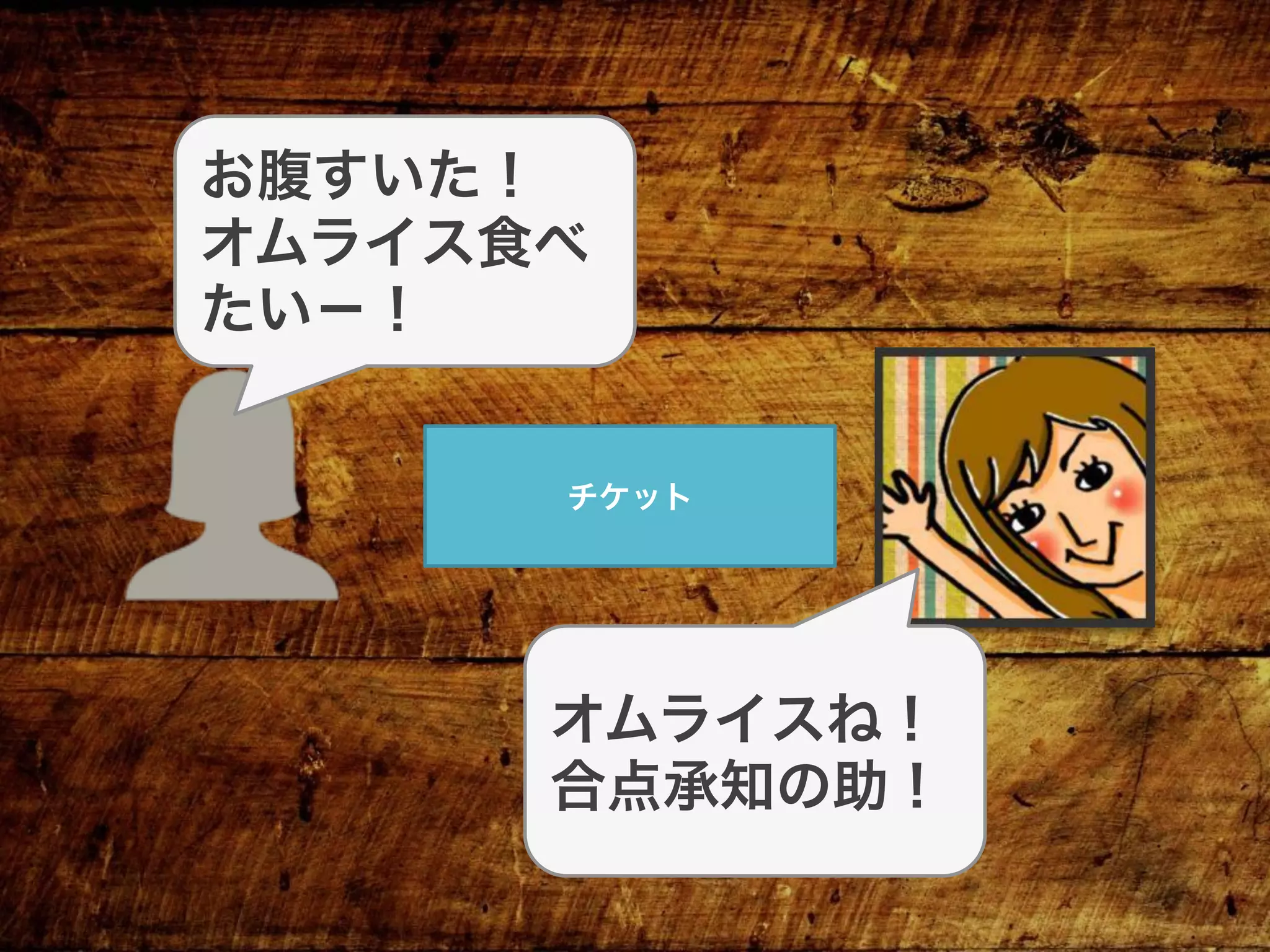 チケット
お腹すいた！
オムライス食べ
たい−！
オムライスね！
合点承知の助！
 