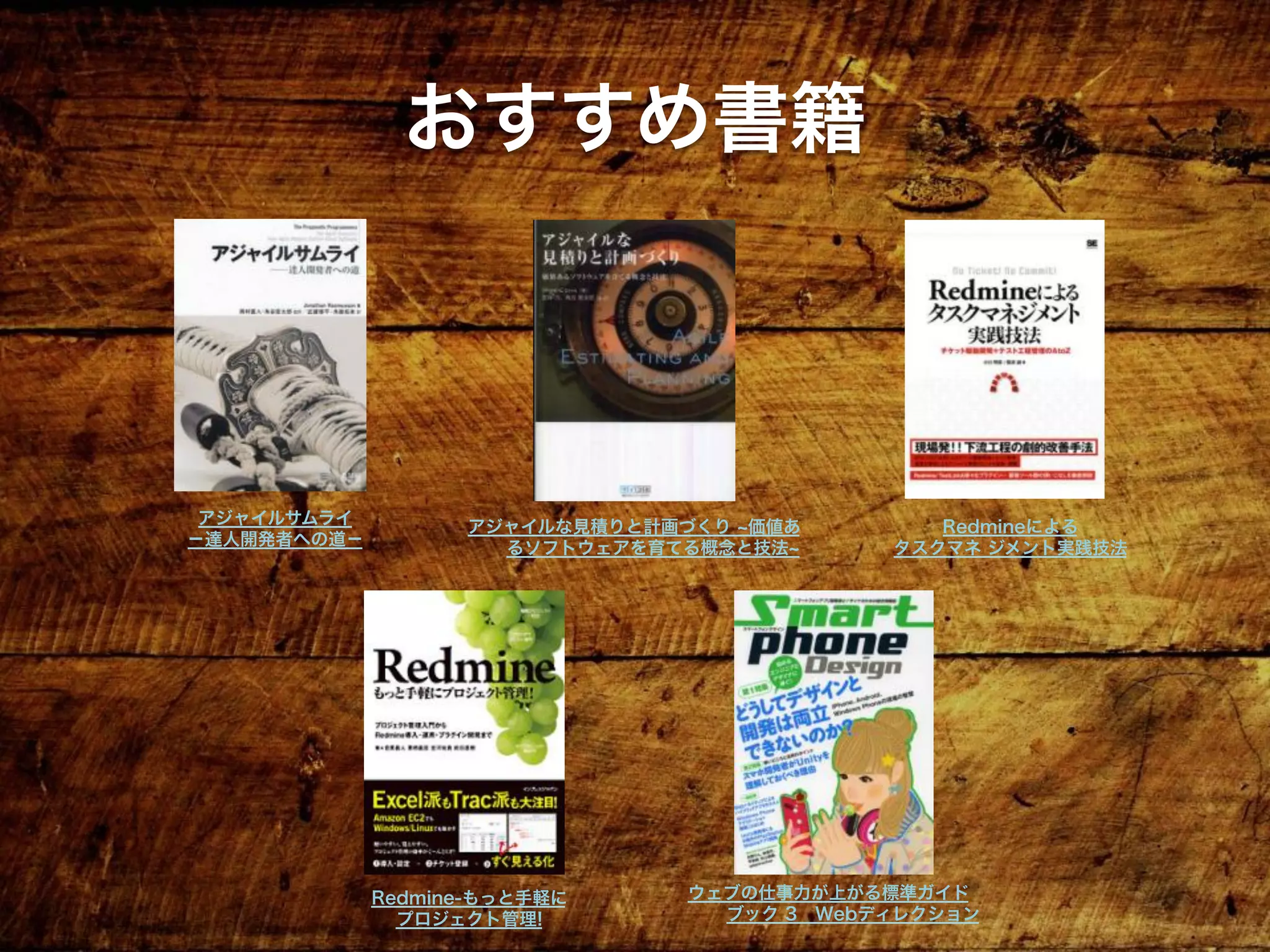 アジャイルサムライ
−達人開発者への道−
おすすめ書籍
ウェブの仕事力が上がる標準ガイド
ブック 3 Webディレクション
アジャイルな見積りと計画づくり 価値あ
るソフトウェアを育てる概念と技法
Redmineによる
タスクマネ ジメント実践技法
Redmine-もっと手軽に
プロジェクト管理!
 
