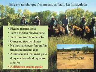 Este é o rancho que fica mesmo ao lado, La Inmaculada Fica na mesma zona Tem a mesma pluviosidade Tem o mesmo tipo de solo O mesmo tipo de plantas Na mesma época (fotografias tiradas no mesmo dia) A Inmaculada tem mais gado do que a fazenda do quadro anterior A diferença está na gestão 