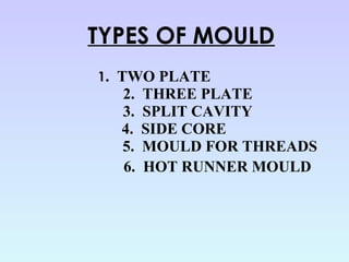 TYPES OF MOULD
1. TWO PLATE
2. THREE PLATE
3. SPLIT CAVITY
4. SIDE CORE
5. MOULD FOR THREADS
6. HOT RUNNER MOULD
 