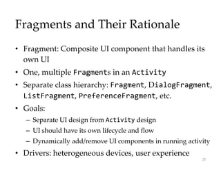 Fragments and Their Rationale
• Fragment: Composite UI component that handles its
own UI
• One, multiple Fragments in an Activity
• Separate class hierarchy: Fragment, DialogFragment,
ListFragment, PreferenceFragment, etc.
• Goals:
– Separate UI design from Activity design
– UI should have its own lifecycle and flow
– Dynamically add/remove UI components in running activity
• Drivers: heterogeneous devices, user experience
20
 