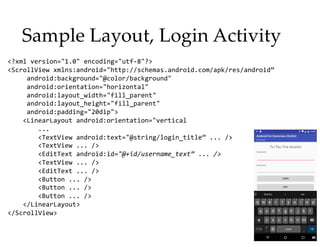 Sample Layout, Login Activity
<?xml version="1.0" encoding="utf-8"?>
<ScrollView xmlns:android="http://schemas.android.com/apk/res/android”
android:background="@color/background"
android:orientation="horizontal"
android:layout_width="fill_parent"
android:layout_height="fill_parent"
android:padding="20dip">
<LinearLayout android:orientation="vertical
...
<TextView android:text="@string/login_title” ... />
<TextView ... />
<EditText android:id="@+id/username_text” ... />
<TextView ... />
<EditText ... />
<Button ... />
<Button ... />
<Button ... />
</LinearLayout>
</ScrollView>
 