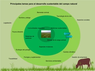 Principales temas para el desarrollo sustentable del campo natural
Sistemas sustentables
Sistemas de
pastoreo
Manejo de la carga animal
Especies invasoras
Servicios ambientales
Ecología del paisaje
Fauna silvestre
Cambio climático
Comunidades vegetales
Bienestar animal
Forrajes y suplementos
Sombra y abrigo
Tecnología de la cría
Aspectos sociales
Legislación
Trazabilidad
Gestión de empresas
 