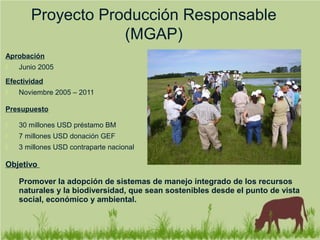 Aprobación
 Junio 2005
Efectividad
 Noviembre 2005 – 2011
Presupuesto
 30 millones USD préstamo BM
 7 millones USD donación GEF
 3 millones USD contraparte nacional
Objetivo
Promover la adopción de sistemas de manejo integrado de los recursos
naturales y la biodiversidad, que sean sostenibles desde el punto de vista
social, económico y ambiental.
Proyecto Producción Responsable
(MGAP)
 