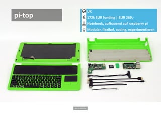 Bild: pi-top.com
UK
172k EUR funding | EUR 269,-
Notebook, aufbauend auf raspberry pi
Modular, flexibel, coding, experimentieren
pi-top
 