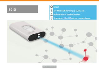 Bild: consumerphaysics.com
Israel
2,4 Mio EUR funding | EUR 224,-
Naheinfrarot Spektrometer
Scannen > identifizieren > analysieren
scio
 