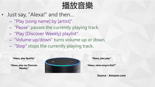 播放音樂
• Just say, "Alexa!" and then…
– "Play [song name] by [artist]".
– "Pause" pauses the currently playing track.
– "Pla...