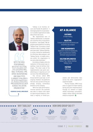Tableau is an intuitive, se-
cure and flexible BI platform. It
leverages powerful visual analyt-
ics to enable organizations make
data-driven decisions.
“We implemented tens of
Tableau dashboards to empower
the customer with a truly holistic
BI platform,” said Saade. “We de-
ployed a whole platform including
Tableau Prep, to provide a visual
and direct way to combine, shape
and clean data; Tableau Desktop,
to utilize interactive dashboards
for effortless data analyses; and
Tableau Server, to enable every-
one within the organization to
see and understand data.”
According to Saade, while the
realization of the project was re-
warding, it was not without chal-
lenges. “The sheer scale of the
implementation was quite over-
whelming as it required us to roll
out more than 200 dashboards.”
The roll-out, which BMB
Group started a year ago, is still
ongoing. However, the platforms
that are now up and running are
already bringing tremendous
benefits to the company.
“With the high-performance,
intuitive solution, the customer
was able to reduce time spent
on reporting and analytics, elim-
inate a majority of siloed pro-
AT A GLANCE
CUSTOMER
Al-Kabli Holding
OBJECTIVE
To boost operational efficiencies and
streamline data analysis
CORE REQUIREMENTS
Implement intuitive BI dashboards,
gain comprehensive visibility,
eliminate manual processes
SOLUTION IMPLEMENTED
Tableau Prep, Tableau Desktop,
Tableau Server
PARTNER
BMB Group
WITHTHEHIGH-
PERFORMANCE,
INTUITIVESOLUTION,
THECUSTOMERWAS
ABLETOREDUCETIME
SPENTONREPORTING
ANDANALYTICS,
ELIMINATEAMAJORITY
OFSILOEDPROCESSES
ANDDEMOCRATIZEDATA
ACROSSTHEENTIRE
ORGANIZATION.”
RODRIGUE SAADE, BMB GROUP
Offered
intuitive, visual
dashboards
Helped
drive business
value
Cut
analysis time
significantly
WHYTABLEAU?
Assessedandunderstood
specificcustomer
requirements
Offeredin-depth
domainexpertise
andsupport
Delivered
anadvanced,
flexiblesolution
HOW BMBGROUPDIDIT?
cesses and democratize data
across the entire organization”
explained Saade.
Moving forward, BMB Group
aims to support Al-Kabli Holding
during and post-implementation
through its network of highly
skilled technology consultants,
subject matter experts and data
analytics engineers.
ISSUE 7 | VALUE STORIES 13
 