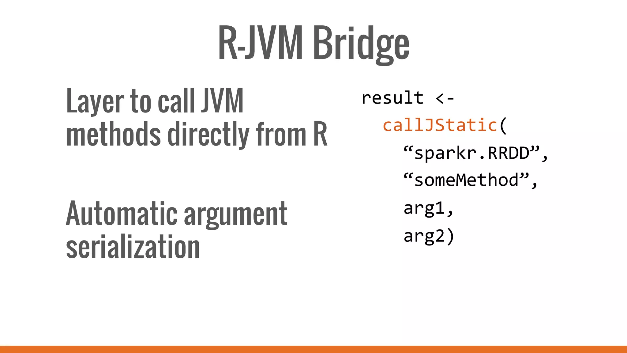 R-JVM Bridge
Layer to call JVM
methods directly from R
Automatic argument
serialization
result	
  <-­‐	
  	
  
	
  	
  callJStatic(	
  
	
  	
  	
  	
  “sparkr.RRDD”,	
  	
  
	
  	
  	
  	
  “someMethod”,	
  	
  
	
  	
  	
  	
  arg1,	
  	
  
	
  	
  	
  	
  arg2)	
  
 
