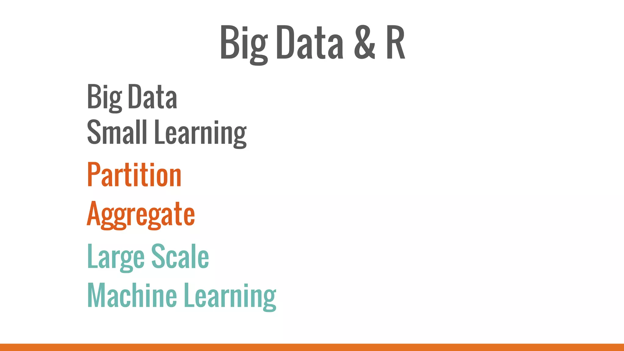 Big Data & R
Big Data
Small Learning
Partition
Aggregate
Large Scale
Machine Learning
 