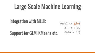 Large Scale Machine Learning
Integration with MLLib
Support for GLM, KMeans etc.
	
  
	
  
model	
  <-­‐	
  glm(	
  
	
  a	
  ~	
  b	
  +	
  c,	
  
	
  	
  	
  data	
  =	
  df)	
  
	
  
 