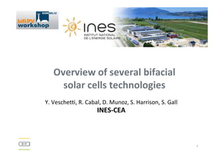 Overview of several bifacial
solar cells technologies
1
solar cells technologies
Y. Veschetti, R. Cabal, D. Munoz, S. Harrison, S. Gall
INES-CEA
 