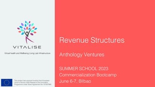 This project has received funding from European
Union’s Horizon 2020 Research and Innovation
Programme under Grant Agreement No 101007990.
Virtual health and Wellbeing Living Lab Infrastructure
Revenue Structures
Anthology Ventures
SUMMER SCHOOL 2023
Commercialization Bootcamp
June 6-7, Bilbao
 