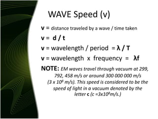 WAVE Speed (v)
v = distance traveled by a wave / time taken
v = d / t
v = wavelength / period = λ / T
v = wavelength x frequency = λf
NOTE: EM waves travel through vacuum at 299,
792, 458 m/s or around 300 000 000 m/s
(3 x 108 m/s). This speed is considered to be the
speed of light in a vacuum denoted by the
letter c (c =3x108m/s.)
 