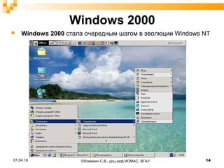 Windows 2000
 Windows 2000 стала очередным шагом в эволюции Windows NT
01.04.16 14©Ломакин С.В., доц.каф.ИОМАС, ВГАУ
 