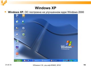 Windows XP
 Windows XP. ОС построена на улучшенном ядре Windows 2000
01.04.16 15©Ломакин С.В., доц.каф.ИОМАС, ВГАУ
 