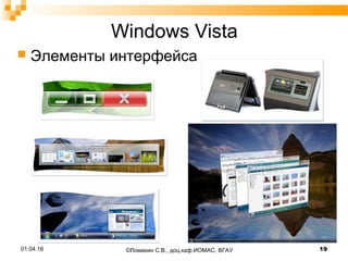 Windows Vista
 Элементы интерфейса
01.04.16 19©Ломакин С.В., доц.каф.ИОМАС, ВГАУ
 