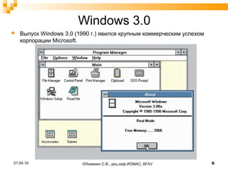 Windows 3.0
 Выпуск Windows 3.0 (1990 г.) явился крупным коммерческим успехом
корпорации Microsoft.
01.04.16 6©Ломакин С.В., доц.каф.ИОМАС, ВГАУ
 