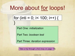 More about for loops!LIS4930 © PICfor (inti = 0; i < 100; i++) {  }Part One: initializationPart Two: boolean testPart Three: iteration expressionTake a trip through a for() loop on page 115.