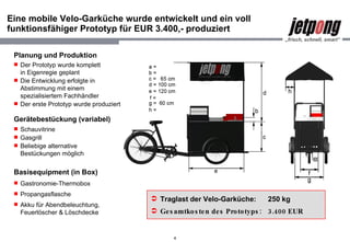 Eine mobile Velo-Garküche wurde entwickelt und ein voll funktionsfähiger Prototyp für EUR 3.400,- produziert Planung und Produktion Der Prototyp wurde komplett in Eigenregie geplant  Die Entwicklung erfolgte in Abstimmung mit einem spezialisiertem Fachhändler Der erste Prototyp wurde produziert Gerätebestückung (variabel) Schauvitrine  Gasgrill Beliebige alternative Bestückungen möglich Basisequipment (in Box) Gastronomie-Thermobox Propangasflasche  Akku für Abendbeleuchtung, Feuerlöscher & Löschdecke Traglast der Velo-Garküche: 250 kg Gesamtkosten des Prototyps: 3.400 EUR 