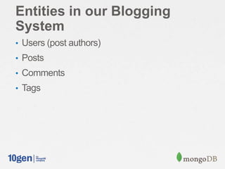 Entities in our Blogging
System
• Users (post authors)
• Posts
• Comments
• Tags
 