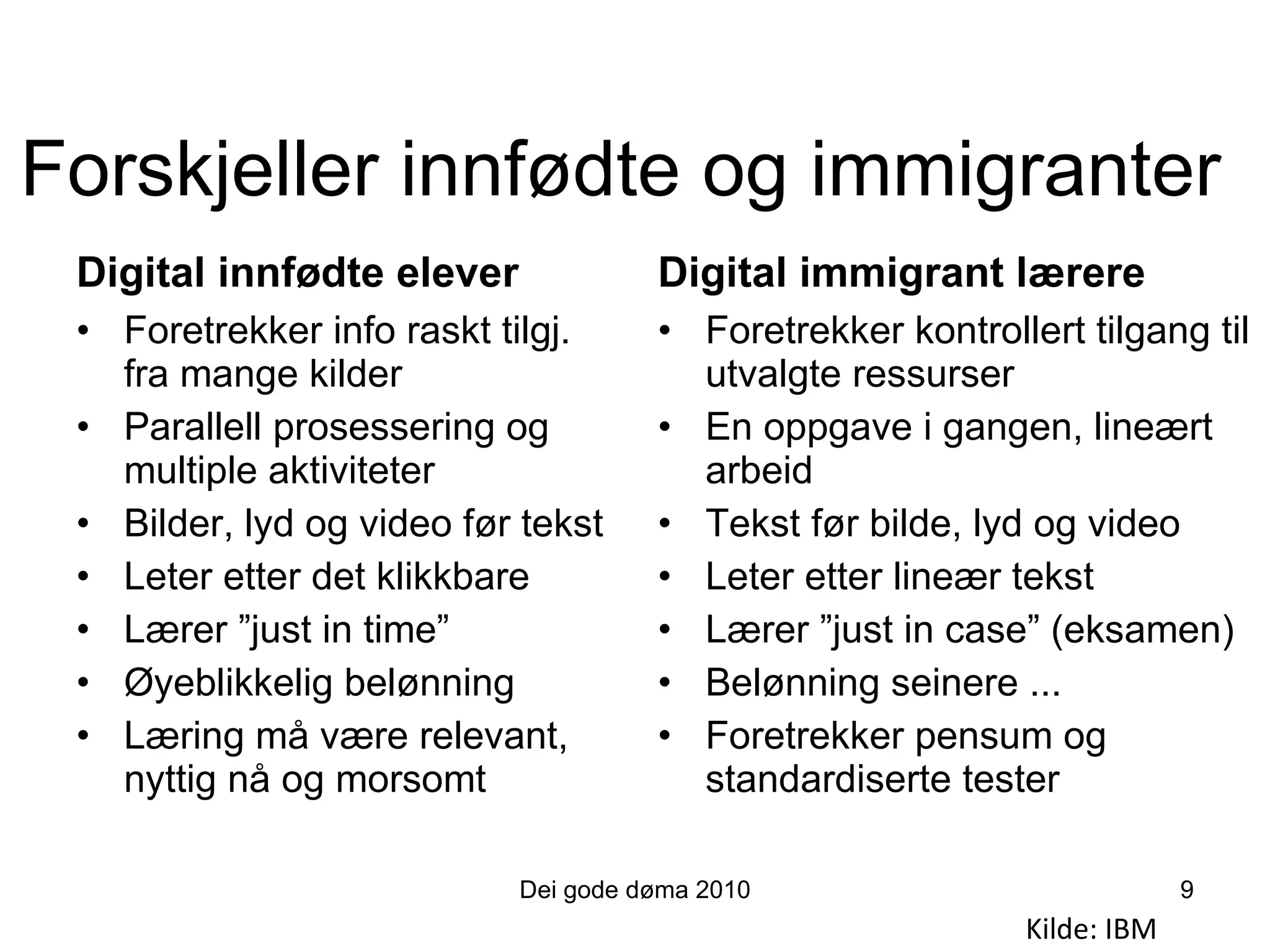 Forskjeller innfødte og immigranter Digital innfødte elever Digital immigrant lærere Foretrekker kontrollert tilgang til utvalgte ressurser En oppgave i gangen, lineært arbeid Tekst før bilde, lyd og video Leter etter lineær tekst Lærer ”just in case” (eksamen) Belønning seinere ... Foretrekker pensum og standardiserte tester Foretrekker info raskt tilgj. fra mange kilder Parallell prosessering og multiple aktiviteter Bilder, lyd og video før tekst Leter etter det klikkbare Lærer ”just in time” Øyeblikkelig belønning Læring må være relevant, nyttig nå og morsomt Kilde: IBM Dei gode døma 2010 