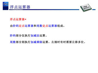 浮点运算器 浮点运算器 由 阶码 定点 运算器 和 尾数 定点 运算器 组成。 阶码 部分仅执行 加减法 运算。 尾数 部分则执行 加减乘除 运算，左规时有时需要左移多位。 