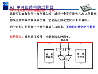 CPU 内部所有部件都接到同一总线上。 数据可以在任何两个寄存器之间，或任一个寄存器和 ALU 之间传送。 如果有阵列乘法器或除法器，它们所处的位置应与 ALU 相当。 同一时刻，只能有一个操作数放在总线上， 不能同时传送两个数据 。 结构特点： 操作速度较慢，控制电路比较简单。 6.1  单总线结构的运算器 