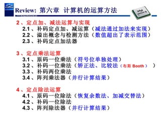 2 、定点加、减法运算与实现 2.1 、补码定点加、减运算（ 减法通过加法来实现 ） 2.2 、溢出概念与检测方法（ 数值超出了表示范围 ） 2.3 、补码定点加法器 3 、定点乘法运算 3.1 、原码一位乘法（ 符号位单独处理 ） 3.2 、补码一位乘法（ 矫正法、比较法 （ 布斯 Booth ）  ） 3.3 、补码两位乘法 3.4 、阵列乘法器 （ 并行计算结果 ） 4 、定点除法运算 4.1 、原码一位除法（ 恢复余数法、加减交替法 ） 4.2 、补码一位除法 4.3 、阵列除法器（ 并行计算结果 ） Review:  第六章 计算机的运算方法 