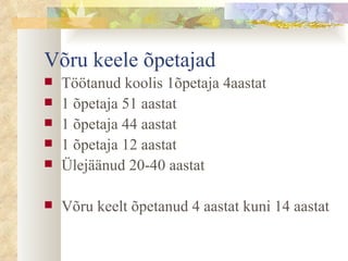 Võru keele õpetajad Töötanud koolis 1õpetaja 4aastat 1 õpetaja 51 aastat 1 õpetaja 44 aastat 1 õpetaja 12 aastat Ülejäänud 20-40 aastat Võru keelt õpetanud 4 aastat kuni 14 aastat 