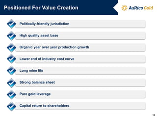 Positioned For Value Creation
Politically-friendly jurisdiction
High quality asset base
Organic year over year production growth
Lower end of industry cost curve
Long mine life
Strong balance sheet
Pure gold leverage
Capital return to shareholders
14
 