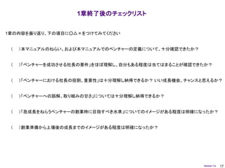 1章終了後のチェックリスト


1章の内容を振り返り、下の項目に○△×をつけてみてください


 （   ）本マニュアルのねらい、および本マニュアルでのベンチャーの定義について、十分確認できたか？


 （   ）「ベンチャーを成功させる社長の要件」をほぼ理解し、自分もある程度は当てはまることが確認できたか？


 （   ）「ベンチャーにおける社長の役割、重要性」は十分理解し納得できるか？ いい成長機会、チャンスと思えるか？


 （   ）「ベンチャーへの誤解、取り組みの甘さ」については十分理解し納得できるか？


 （   ）「急成長をねらうベンチャーの創業時に目指すべき水準」についてのイメージがある程度は明確になったか？


 （   ）創業準備から上場後の成長までのイメージがある程度は明確になったか？




                                                     Version 1.4   17
 