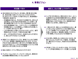 4. 事業ビジョン

          何を書くべきか                      検討上、および書く上でのポイント

 自分自身わくわくするよう、また読み、聞く側（多くの場
 合、相当の疑いを持っている）にとってわかりやすく、
 はっきりとイメージを持って共感できるよう、簡潔明瞭か        シェアを100%取れる、競合は全くいない、といっ
 つ具体的に表現する                            た表現をすると社長の見識を疑われる。表現の
 – 市場構造が変わる、今のままでは破綻する、変わらざ           問題だけではなく、ビジネスセンスそのものにも
   るを得ないような大きな不満が高まっている等々、変           疑問がある。壮大ではあっても、現実感のある
   革の機運が盛り上がっていることを具体的に伝える            事業ビジョンを考え、表現すること
 – 大きな事業機会に対し、このベンチャーには明確な存
   在意義があり、こんな素晴らしい事業はぜひ応援した        一見壮大だが、読む人には全然伝わらない、書
   い、と自然に思えるように書く                     いた本人でないと何がすごいのか理解できな
 – この分野の素人が読んでもわかりやすいように、専門           い、という事業ビジョンが非常に多い。この分野
   用語はなるべく少なく、平易な日本語で書く               の素人である友人、家族等に説明してどのくら
 – また、小手先の作文ではなく、社長が心からそう思うこ          い早く理解してもらえるかどうか確認する
   と、独りよがりではないことが必要
                                   かなり詳しく説明しないと伝わらないものは、事
 事業ビジョン達成のステップは、事業ビジョンをどう実現          業ビジョンとしては不十分、不適切。その場合
 していくか、納得感、現実感のあるように示す。ビジョン           は、書き方だけではなく、内容そのものを再吟味
 が壮大であればあるほど、第1ステップが確実に踏み出            すること
 せるものであること、しかもその延長線上にビジョンの実
 現性がはっきりと感じられることが重要
                                   5年後にこうなっていればいいなあ、だけではな
                                      く、1～2年後の明確なイメージを書くことが必要
 製品・技術ロードマップ等もわかりやすく示す

 ベンチャーらしいスピード、フットワークのよさ、柔軟さの
 ある組織の構築を目指していることを示す
                                                        Version 1.4   24
 