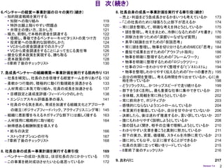 目 次（続き）
6.ベンチャーの経営＝事業計画の日々の実行（続き）                  8. 社長自身の成長＝事業計画を実行する牽引役（続き）
  – 知的財産戦略を実行する                               – 売上・利益をどう急成長させるかをいつも考えているか       173
    • 知財への取り組み                       119      – 「この社長のために頑張ろう」と部下が思えるか          174
    • 特許出願上陥りやすい問題点                  120      – 常に頭を整理して、明確な考えを持とうとしているか        175
    • 弁理士の使い方、活かし方                   121
  – 極力、前倒しで本格的資金を調達する                122
                                                • 頭を整理し、考えをまとめ、冷静になるための「メモ書き」 176
    • 信頼し、尊敬できるベンチャーキャピタリストの見つけ方     123        • 洞察力を持つための「深掘り＝なぜなぜ質問」         180
    • 投資家への効果的な説明のしかた                124        • 素早く結論を出すための「仮説思考」             182
    • VCからの資金調達までのステップ               125        • 常に頭を整理し、物事を切り分けるためのMECE「思考」 184
    • VCから資金調達をすることによって生じる責任等        126        • 最短で成果を出すための「アウトプット指向」         186
  – 健全な資本政策を実現する、勝ち取る                127
                                                • 物事を明確に整理するための「フレームワーク」        187
  – 資本政策の例                           128
  – 6章終了後のチェックリスト                    130        • 物事を明確に整理するための「ロジックツリー」        191
                                                • 仕事のフローをわかりやすく整理する「ﾋﾞｼﾞﾈｽｼｽﾃﾑ」 194
7. 急成長ベンチャーの組織構築＝事業計画を実行する筋肉作り 131              • 物事を整理しわかりやすく伝えるための「ﾁｬｰﾄの書き方」 195
   – 社長を補完し、社長の力を倍増する経営チームを作りあげる 132          – 自分の時間を管理し、考える時間を作り出せているか。心に余
                                                裕を持っているか                        198
   – 柔軟かつ行動的、積極的に動く行動規範を浸透させる        133
                                              – どうリラックスし、かつトップスピードで走り続けるか       199
   – 人材育成に本気で取り組み、社員の成長を加速させる        137      – 部下をうまく活用し、最も重要な仕事に集中できているか 201
     • 目標設定と達成度評価・フィードバックのしかた        138      – 全体観、大局観を常に持とうとしているか             202
     • エンジニアスキル評価基準の導入               141      – 常に前向きで、ポジティブか                   203
     • 社員のやる気を高め、育成を加速する組織文化とアプローチ            – 感情的にならないようコントロールしているか           204
       の確立（ポジティブフィードバック、アクティブリスニング等） 145      – 有言実行を徹底しているか。自分を甘やかせていないか 206
   – 組織に悪影響を与えるネガティブな部下には厳しく接する      163      – 決断したら、後は迷わず推進するか。言い訳していないか 207
   – 人材採用に戦略的に取り組む                   164      – 誰にもわかりやすく説明しようとしているか            208
   – 納得感ある報酬制度を導入する                           – 誰の話もよく聞き、相手の立場で理解しようとしているか      210
     • 給与の決定                         166      – わかりやすい文章を書こうと真剣に努力しているか         211
     • ストックオプションの付与                  167      – 部下の実力、資質、価値観、スタイルを冷静に見ているか 213
   – 7章終了後のチェックリスト                   168      – 誰に対しても公平、公正に接することができるか          214
                                              – 社員の先頭に立って戦いをリードしているか            215
8. 社長自身の成長＝事業計画を実行する牽引役              169      – 8章終了後のチェックリスト                   216
   – ベンチャーの成功・失敗は、ほぼ社長の力にかかっている      170
   – この事業を絶対成功させたいと心底思っているか          172   9. おわりに                                        217
                                                                            Version 1.4     2
 