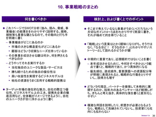 10. 事業戦略のまとめ

        何を書くべきか                 検討上、および書く上でのポイント

 これ1ページでSWOT分析（強み、弱み、脅威、事    そこまで考えているなら事業がうまくいくだろうという
 業機会）の結果ををわかりやすく説明する。規格、      大切なポイント4～5点をわかりやすく簡潔に書き、
 規制等も重要な鍵となるので、その動向と打ち手       それが極めて的を得ていること
 を明確に書く
 – 事業機会がどこにあるのか
                              「戦略」という言葉はとかく曖昧になりがち。そうでは
   • 市場の大きな構造変化がどこにあるか        なく、「なるほど！ そうなのか！」とわかりやすいス
   • 顧客はどういう切実なニーズを持っているか     トーリーとして語れるかどうかが鍵
 – その事業を成功させる鍵は何か。何を押さえる
   べきなのか                      中期的に重要であり、近視眼的ではないことを書く
 – どうやってそれを実行するか              – 来年成功させるために、今何をすべきかという観
   • 当社独自のユニークな製品・サービスは         点で書くと、戦略的であり、かつ具体的になる
   • 勝ち続けるための独自の優位性は          – 優先順位、達成順序、重要課題への資源配分等
                                が明確に表現されると、戦略的な行動をとりやす
   • 高い収益性を実現するビジネスモデルは         いし、説得力も増す
   • 他社の資源をうまく活用する戦略的提携は
                              どういう代理店、パートナーを確保して本格的に展
 ターゲット市場の潜在的な魅力、自社の際立つ優      開するのか、技術力のあるベンチャーほど軽視しが
 位性、ビジネスモデル上の工夫、提携先企業の徹       ち。きちんと考え抜き、具体的な策を書くと差別化し
 底活用など、全体観がイメージできるように、自社      やすい
 のユニークさが目に浮かぶように書く
                              複雑な用語を説明したり、前置きが必要となるよう
                              なら、戦略として洗練されていないし、投資家にも社
                              内にも伝わらない
                                                   Version 1.4   36
 
