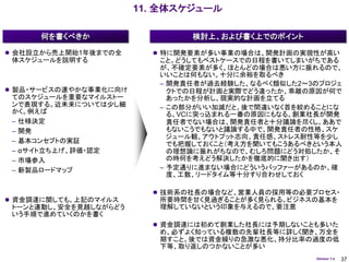 11. 全体スケジュール

      何を書くべきか                  検討上、および書く上でのポイント

 会社設立から売上開始1年後までの全       特に開発要素が多い事業の場合は、開発計画の実現性が高い
 体スケジュールを説明する             こと。どうしてもベストケースでの日程を書いてしまいがちである
                          が、不確定要素が多く、ほとんどの場合は悪い方に振れるので、
                          いいことは何もない。十分に余裕を取るべき
                          – 開発責任者が過去経験した、なるべく類似した2～3のプロジェ
 製品・サービスの速やかな事業化に向け        クトでの日程が計画と実際でどう違ったか、乖離の原因が何で
 てのスケジュールを重要なマイルストー         あったかを分析し、現実的な計画を立てる
 ンで表現する。近未来については少し細       – この部分がいい加減だと、後で間違いなく首を絞めることにな
 かく。例えば                     る。VCに突っ込まれる一番の原因にもなる。創業社長が開発
 – 仕様決定                     責任者でない場合は、開発責任者と十分議論を尽くし、ああで
 – 開発                       もないこうでもないと議論する中で、開発責任者の性格、スケ
                            ジュール観、アウトプット志向、責任感、ストレス耐性等を少し
 – 基本コンセプトの実証               でも把握しておくこと（考え方を聞いてもこうあるべきという本人
 – αサイト立ち上げ、評価・認定           の理想論に振れがちなので、むしろ問題にどう対処したか、そ
 – 市場参入                     の時何を考えどう解決したかを徹底的に聞き出す）
 – 新製品ロードマップ              – 予定通りに進まない場合にどういうバッファーがあるのか、確
                            度、工数、リードタイム等十分すり合わせしておく

                          技術系の社長の場合など、営業人員の採用等の必要プロセス・
 資金調達に関しても、上記のマイルス       所要時間を甘く見過ぎることが多く見られる。ビジネスの基本を
 トーンと連動し、安全を見越しながらどう      理解していないという印象を与えるので、要注意
 いう手順で進めていくのかを書く
                          資金調達には初めて創業した社長には予期しないことも多いた
                          め、必ずよく知っている複数の先輩社長等に詳しく聞き、万全を
                          期すこと。後では資金繰りの急激な悪化、持分比率の過度の低
                          下等、取り返しのつかないことが多い
                                                     Version 1.4   37
 