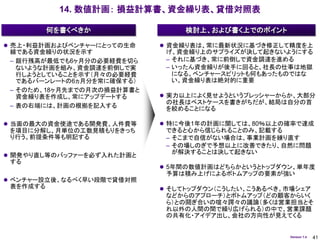 14. 数値計画： 損益計算書、資金繰り表、貸借対照表

          何を書くべきか                検討上、および書く上でのポイント

 売上・利益計画およびベンチャーにとっての生命     資金繰り表は、常に最新状況に基づき修正して精度を上
 線である資金繰りの状況を示す              げ、資金繰り上のサプライズが決して起きないようにする
 – 銀行残高が最低でも6ヶ月分の必要経費を切ら     – それに基づき、常に前倒しで資金調達を進める
   ないような計画を組み、資金調達を前倒しで実     – いったん資金繰りが後手に回ると、社長の仕事は地獄
   行しようとしていることを示す（月々の必要経費      になる。ベンチャースピリットも何もあったものではな
   であるバーンレートの6ヵ月分を常に確保する）      い。資金繰り表は絶対的に重要
 – そのため、18ヶ月先までの月次の損益計算書と
   資金繰り表を作成し、常にアップデートする      実力以上によく見せようというプレッシャーからか、大部分
                             の社長はベストケースを書きがちだが、結局は自分の首
 – 表の右端には、計画の根拠を記入する         を絞めることになる

 当面の最大の資金使途である開発費、人件費等      特に今後1年の計画に関しては、80％以上の確率で達成
 を項目に分解し、月単位の工数見積もりをきっち      できると心から信じられることのみ、記載する
 り行う。前提条件等も明記する              – そこまで自信がない場合は、事業計画を練り直す
                             – その場しのぎで予想以上に改善できたり、自然に問題
                               が解決することは決して起きない
 開発やり直し等のバッファーを必ず入れた計画と
 する
                             5年間の数値計画はどちらかというとトップダウン、単年度
                             予算は積み上げによるボトムアップの要素が強い
 ベンチャー設立後、なるべく早い段階で貸借対照
 表を作成する                      そしてトップダウン（こうしたい、こうあるべき。市場シェア
                             などからのアプローチ）とボトムアップ（どの顧客からいく
                             ら）との鬩ぎ合いの喧々諤々の議論（多くは営業担当とそ
                             れ以外の人間の間で繰り広げられる）の中で、営業課題
                             の共有化・アイデア出し、会社の方向性が見えてくる


                                                     Version 1.4   41
 