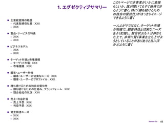 この1ページで本事業がいかに素晴
                         1. エグゼクティブサマリー   らしいか、誰が聞いてもすぐ納得でき
                                          るように書く。特に「勝ち続けるため
                                          の独自の優位性」がはっきりイメージ
                                          できるように書く
 主要経営陣の略歴
 – 代表取締役社長： ＸＸＸ
 – ＸＸＸ                                    一人よがりではなく、ターゲット市場
                                          が明確で、顧客特性と切実なニーズ
 製品・サービスの特長                              をよく把握し、競合状況も十分押さえ
 – ＸＸＸ                                    た上で、非常に賢く事業を立ち上げよ
 – ＸＸＸ                                    うとしていることがありありと目に浮
                                          かぶように書く
 ビジネスモデル
 – ＸＸＸ
 – ＸＸＸ

 ターゲット市場と市場規模
 – ターゲット市場： ＸＸＸ
 – 市場規模： ＸＸＸ

 顧客・ユーザー特性
 – 顧客・ユーザーの切実なニーズ： ＸＸＸ
 – 顧客・ユーザーのプロファイル： ＸＸＸ

 勝ち続けるための独自の優位性
 – 勝ち続けるための仕組み、プラットフォーム： ＸＸＸ
 – 競合他社の状況： ＸＸＸ

 売上・利益計画
 – 売上予想： ＸＸＸ
 – 利益予想： ＸＸＸ

 資金調達ニーズ
 – ＸＸＸ
 – ＸＸＸ
                                                      Version 1.4   48
 