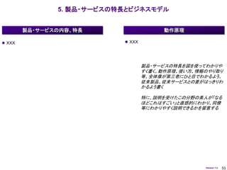 5. 製品・サービスの特長とビジネスモデル


        製品・サービスの内容、特長                   動作原理

 ＸＸＸ                       ＸＸＸ




                                   製品・サービスの特長を図を使ってわかりや
                                   すく書く。動作原理、使い方、情報のやり取り
                                   等、全体像が第三者にひと目でわかるよう、
                                   従来製品、従来サービスとの差がはっきりわ
                                   かるよう書く

                                   特に、説明を受けたこの分野の素人が「なる
                                   ほどこれはすごい」と直感的にわかり、同僚
                                   等にわかりやすく説明できるかを留意する




                                                   Version 1.4   53
 