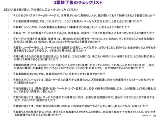 3章終了後のチェックリスト
3章の内容を振り返り、下の項目に○△×をつけてみてください

 （   ）「エグゼクティブサマリー」の1ページで、本事業がいかに素晴らしいか、誰が聞いてもすぐ納得できるよう表現できたか？

 （   ）「主要経営陣の略歴」では、これはすごい、こういう創業メンバーなら大丈夫そうだ、と思えるように書けたか？

 （   ）「事業ビジョン」では、こんな意義ある素晴らしい事業はぜひ応援したい、と思えるように書けたか？

 （   ）「製品・サービスの特長とビジネスモデル」は、従来製品、従来サービスとの差が素人にもはっきりわかるよう書けたか？

 （   ）「ターゲット市場と市場規模、成長性」は、具体的にどの分野をターゲットにしているのか、そこがどのくらい大きな市場で
      どのくらい成長しているのか、素人にもはっきりわかるよう表現できたか？

 （   ）「顧客・ユーザー特性」は、ターゲットとする顧客の切実なニーズは何か、どういうことにどのくらいお金を使っておりそれを
      置き換えることができるのか、できるだけ具体的に書けたか？

 （   ）「勝ち続けるための独自の優位性」は、なるほど、これなら勝つな、手ごわい相手にも十分勝てそうだ、とこの分野の素人
      が聞いて納得できるように書けたか？

 （   ）「戦略的提携」では、なるほどこういう会社とこんなにうまく提携してやっていくのか、これなら人の力もうまく活用し、自社
      の強みに集中して事業を立ち上げることができるな、とこの分野の素人でも一目で理解できるように書けたか？

 （   ）「事業戦略のまとめ」では、事業成功のポイントをわかりやすく表現できたか？

 （   ）「全体スケジュール」では、製品・サービスの速やかな事業化および資金調達に向けての重要マイルストーンをわかりや
      すく表現できたか？

 （   ）「社内組織」では、開発・調達・生産・マーケティング・営業に対しどういう体制で取り組むのか、人材確保にどう取り組むの
      か、できるだけ具体的に書けたか？

 （   ）「実行計画」では、製品・サービスの速やかな事業化に向け、主要な実行課題が何で、誰がいつまでにどこまで実行する
      のか、わかりやすく説明できたか？

 （   ）「数値計画」では、今後1年の計画に関し80％以上の確率で達成できると心から信じられることのみ、記載したか？

 （   ）「事業リスクの整理と対応」では、考えうる主な事業リスクをきちんと把握し、対応策も含めて十分考えているな、安心でき
      る経営陣だなと思えるように書けたか？                                 Version 1.4 83
 