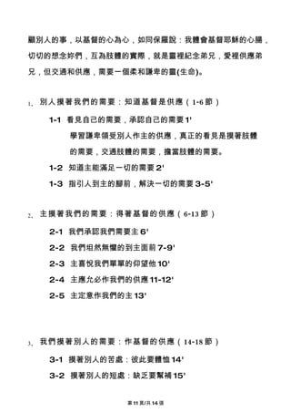 顧別人的事，以基督的心為心，如同保羅說：我體會基督耶穌的心腸，

切切的想念妳們，互為肢體的實際，就是靈裡紀念弟兄，愛裡供應弟

兄，但交通和供應，需要一個柔和謙卑的靈(生命)。


1、   別人摸著我們的需要：知道基督是供應（1-6 節）

      1-1 看見自己的需要，承認自己的需要 1'

         學習謙卑領受別人作主的供應，真正的看見是摸著肢體

         的需要，交通肢體的需要，擔當肢體的需要。

      1-2 知道主能滿足一切的需要 2'

      1-3 指引人到主的腳前，解決一切的需要 3-5'


2、   主摸著我們的需要：得著基督的供應（6-13 節）

      2-1 我們承認我們需要主 6'

      2-2 我們坦然無懼的到主面前 7-9'

      2-3 主喜悅我們單單的仰望他 10'

      2-4 主應允必作我們的供應 11-12'

      2-5 主定意作我們的主 13'




3、   我們摸著別人的需要：作基督的供應（14-18 節）

      3-1 摸著別人的苦處：彼此要體恤 14'

      3-2 摸著別人的短處：缺乏要幫補 15'


                   第 11 頁/共 14 張
 