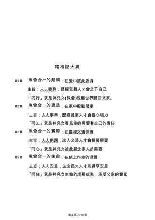 路得記大綱

第1章   教會合一的起頭 ：在愛中彼此委身

      主旨：人人委身，歷經苦難人才會放下自己

      「同行」就是神兒女(教會)脫離世界歸回父家。
第2章   教會合一的建造 ：在家中殷勤服事

      主旨：人人事奉，歷經貧窮人才會盡心竭力

      「同工」就是神兒女看見家的需要和自己的責任
第3章   教會合一的實際 ：在靈裡交通供應

      主旨：人人供應，進入交通人才會摸著需要

      「同心」就是神兒女彼此顧念家人的需要
第4章   教會合一的生命 ：在地上作主的見證

      主旨：人人安息，生命長大人才能得享安息

      「同住」就是神兒女生命的成長成熟，承受父家的豐富




                第 3 頁/共 14 張
 
