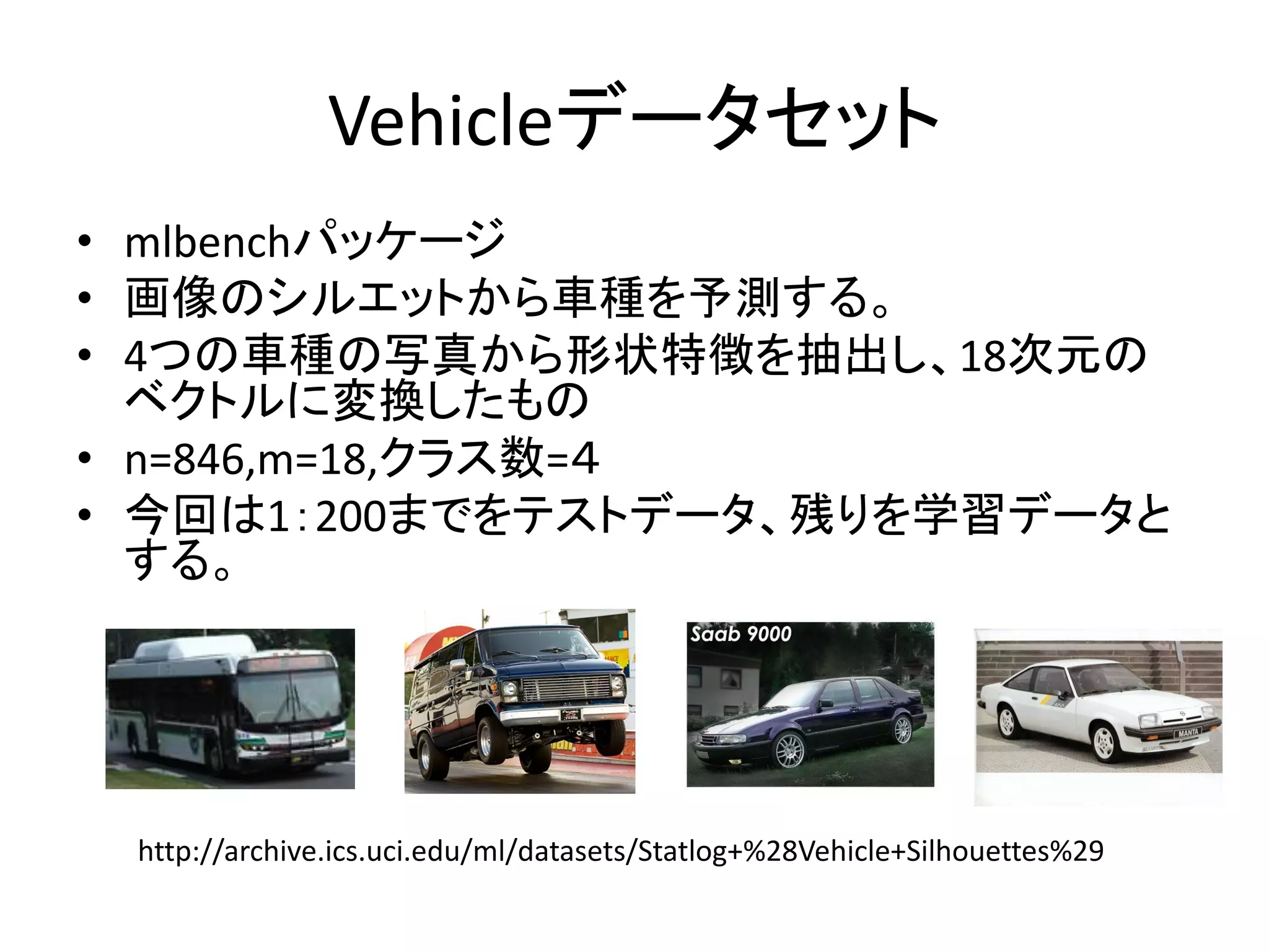 Vehicleデータセット
• mlbenchパッケージ
• 画像のシルエットから車種を予測する。
• 4つの車種の写真から形状特徴を抽出し、18次元の
  ベクトルに変換したもの
• n=846,m=18,クラス数=４
• 今回は1：200までをテストデータ、残りを学習データと
  する。




 http://archive.ics.uci.edu/ml/datasets/Statlog+%28Vehicle+Silhouettes%29
 