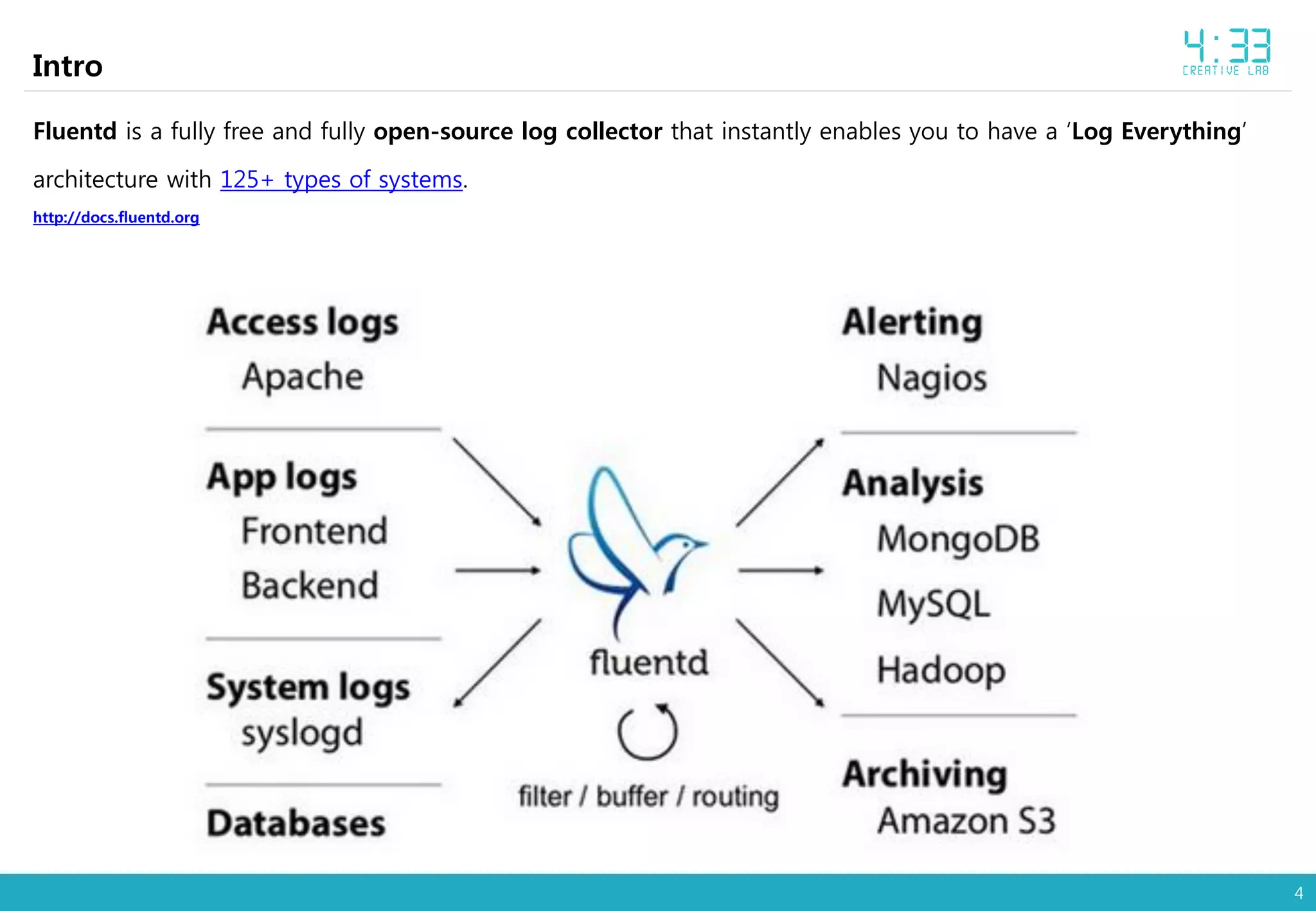 4
Intro
Fluentd is a fully free and fully open-source log collector that instantly enables you to have a ‘Log Everything’
architecture with 125+ types of systems.
http://docs.fluentd.org
 