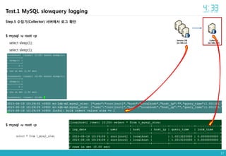 17
Collector
[ec-ldb-m2]
Service DB
[ec-ldb-s2]
Step.5 수집기(Collector) 서버에서 로그 확인
$ mysql -u root –p
select sleep(1);
select sleep(1);
Test.1 MySQL slowquery logging
$ mysql -u root -p
select * from t_mysql_slow;
 
