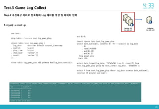 26
Collector
[ec-ldb-m2]
Service DB
[ec-ldb-s2]
Step.2 수집대상 서버로 접속하여 Log 테이블 생성 및 데이터 입력
$ mysql -u root -p
use test;
drop table if exists test.log_game_play;
create table test.log_game_play (
log_date datetime default current_timestamp
, useridx bigint
, play_time bigint
, char_type varchar(1)
, result varchar(1)
);
alter table log_game_play add primary key(log_date,useridx);
Test.3 Game Log Collect
set @i=0;
insert ignore into test.log_game_play
select date_sub(now(), interval @i:=@i+1 minute) as log_date
, @i
, rand()*10000
, mod(@i,10)
, mod(@i,3)
from mysql.proc
limit 100;
select date_format(log_date, '%Y%m%d%h') as dt, count(*) from
test.log_game_play group by date_format(log_date, '%Y%m%d%h');
select * from test.log_game_play where log_date between date_sub(now(),
interval 10 minute) and now();
 