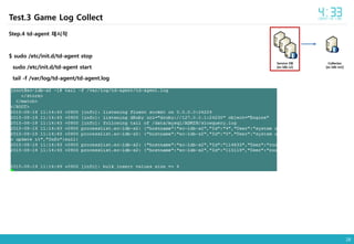 28
Collector
[ec-ldb-m2]
Service DB
[ec-ldb-s2]
Step.4 td-agent 재시작
$ sudo /etc/init.d/td-agent stop
sudo /etc/init.d/td-agent start
tail -f /var/log/td-agent/td-agent.log
Test.3 Game Log Collect
 